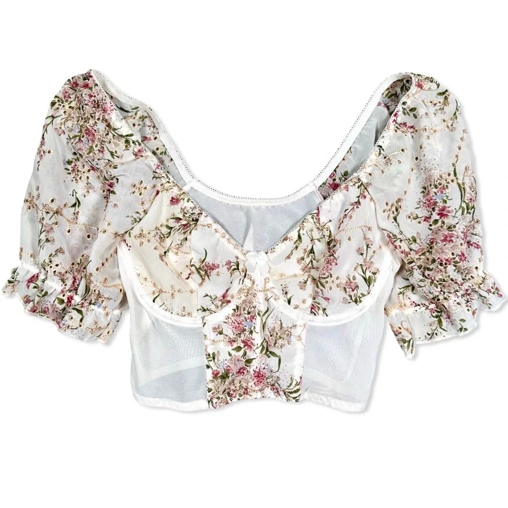 Renaissance Floral Bustier Top Womens XS Sheer Lace Corset Festival - Picture 2 of 9